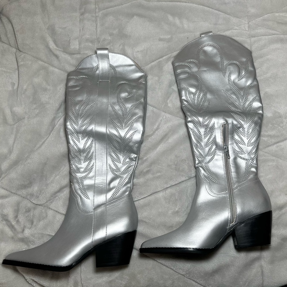 Silver Western Knee High Cowboy Boots